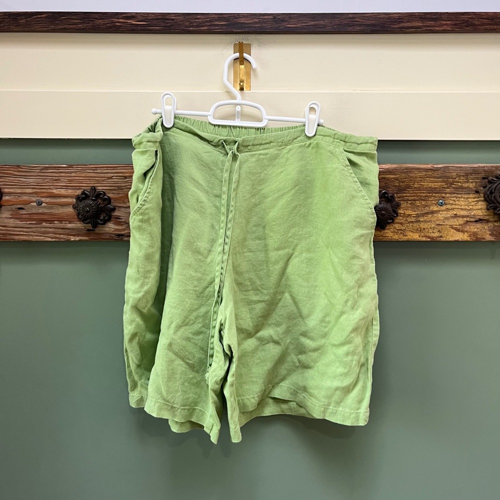 Flax Women Green 100% Linen Drawstring Elastic Waist Wide Leg Shorts Size L